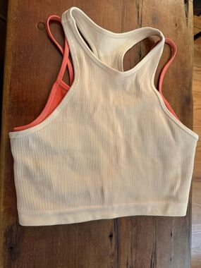 FP Movement by Free People Cream Ribbed Racerback Crop with Coral Trim